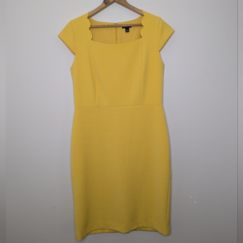 Ann Taylor Yellow Cap Sleeve Sheath Dress with Scallop Neck Midi Women's Size 6